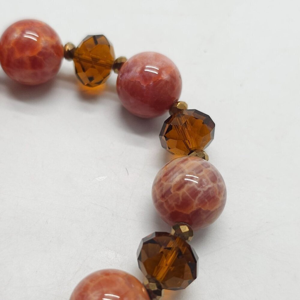 Red Onyx Amber Glass Bead Stretch Bracelet Vintage Handmade Jewelry - Picture 3 of 4